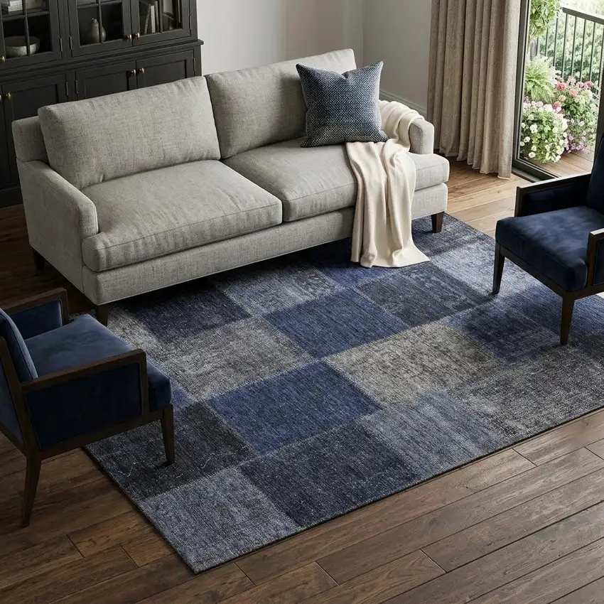 Navy Blue And Gray Patchwork Washable Area Rug With UV Protection Photo 1