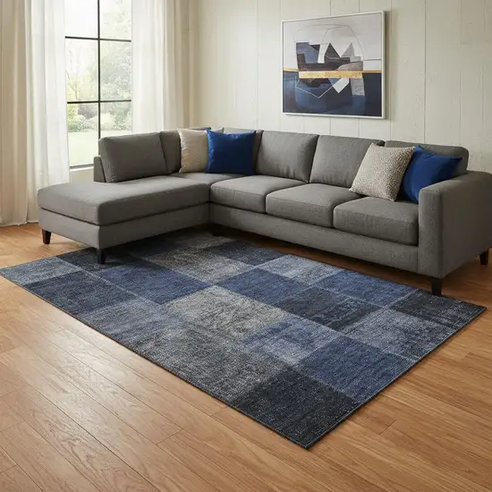 Navy Blue And Gray Patchwork Washable Area Rug With UV Protection Photo 1