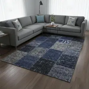 Photo of Navy Blue And Gray Patchwork Washable Area Rug With UV Protection