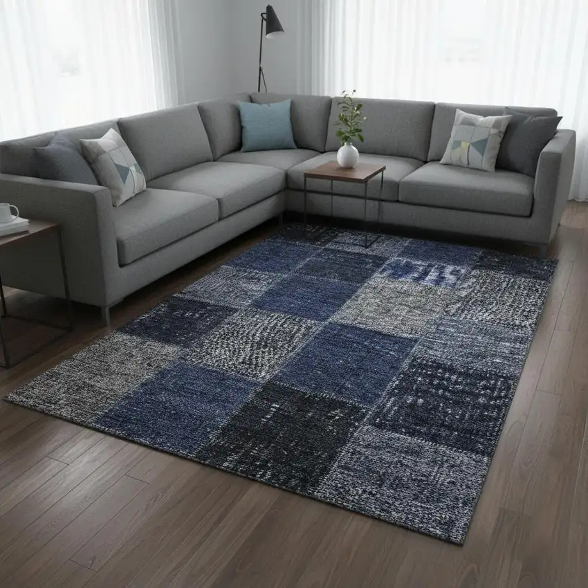 Navy Blue And Gray Patchwork Washable Area Rug With UV Protection Photo 1