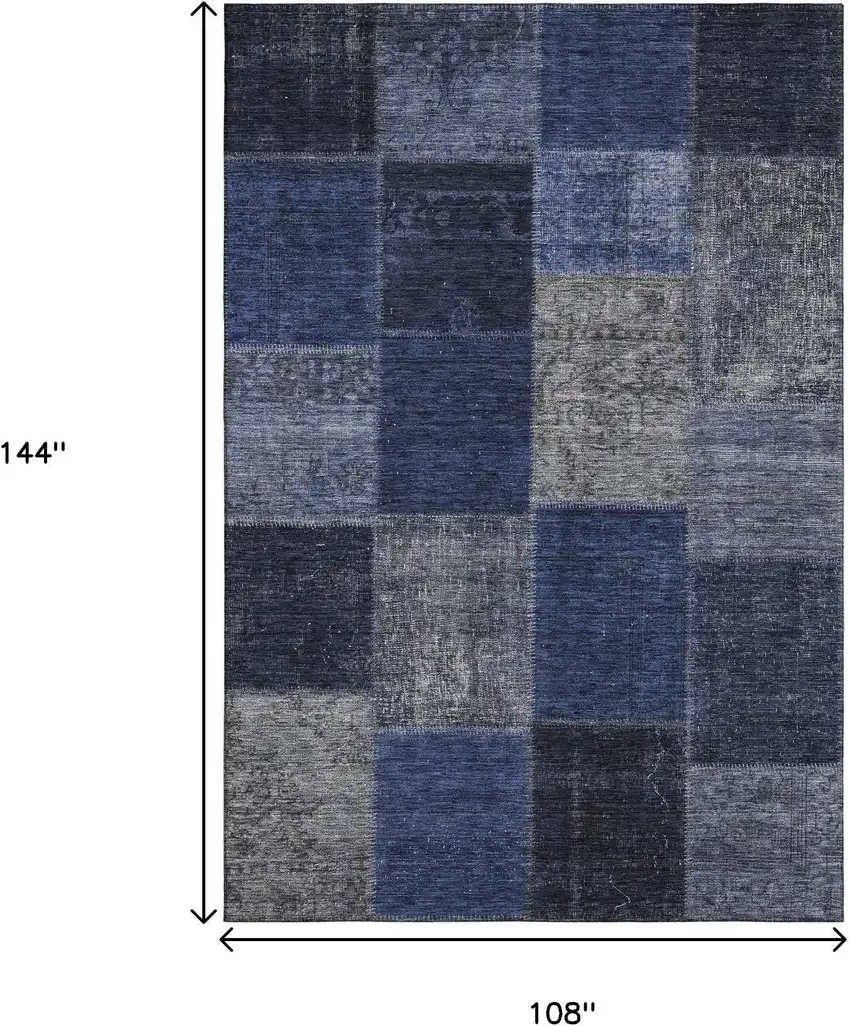 Navy Blue And Gray Patchwork Washable Area Rug With UV Protection Photo 3
