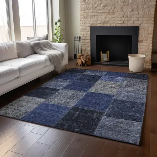 Navy Blue And Gray Patchwork Washable Area Rug With UV Protection Photo 4