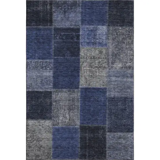 Navy Blue And Gray Patchwork Washable Area Rug With UV Protection Photo 2