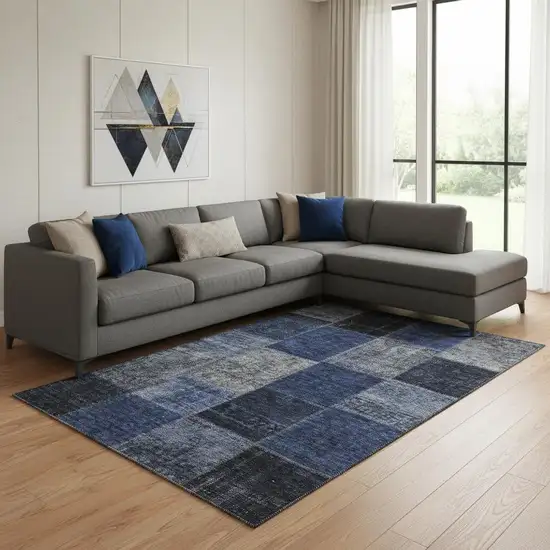 Navy Blue And Gray Patchwork Washable Area Rug With UV Protection Photo 1