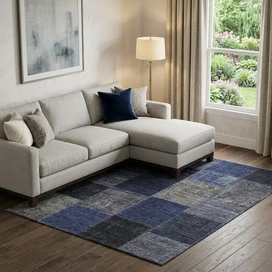 Navy Blue And Gray Patchwork Washable Area Rug With UV Protection Photo 1
