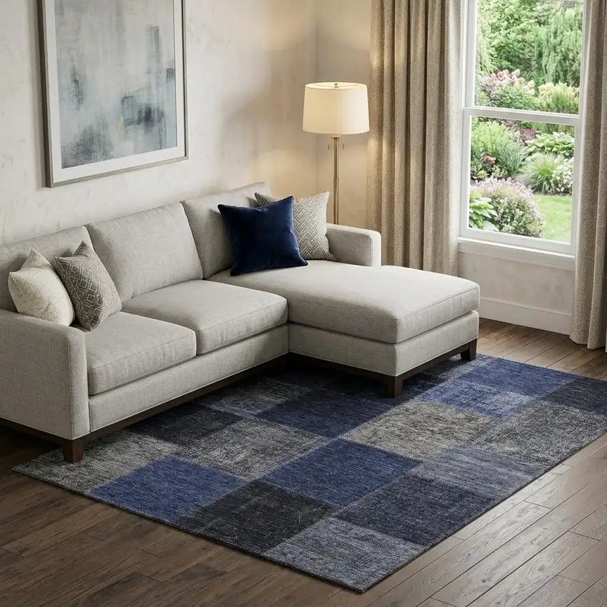 Navy Blue And Gray Patchwork Washable Area Rug With UV Protection Photo 1