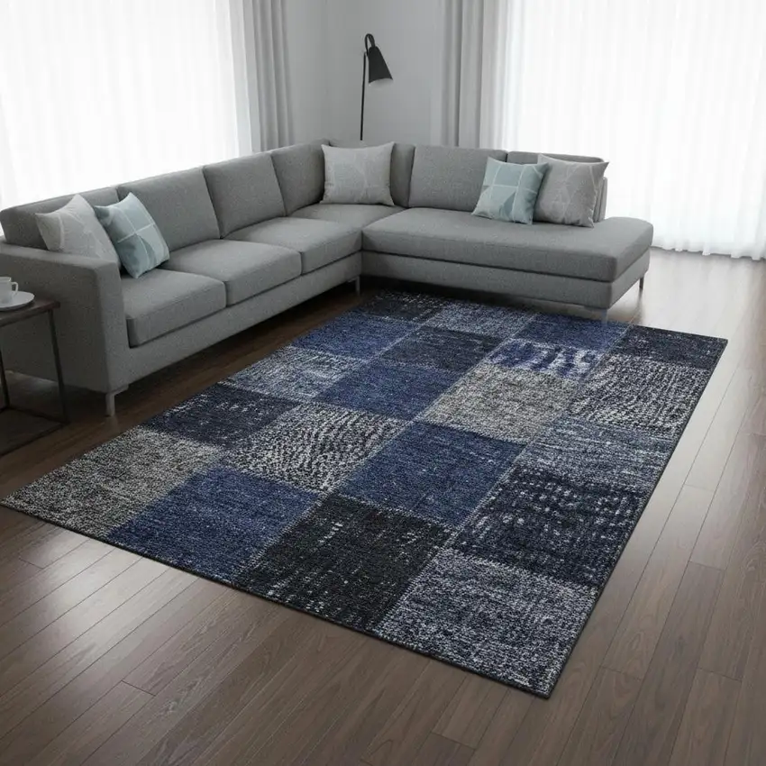 Navy Blue And Gray Patchwork Washable Area Rug With UV Protection Photo 1