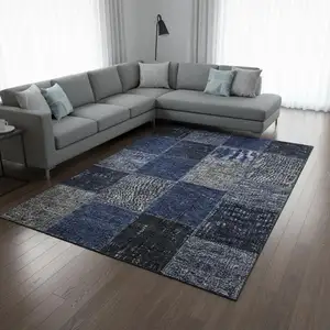Photo of Navy Blue And Gray Patchwork Washable Area Rug With UV Protection