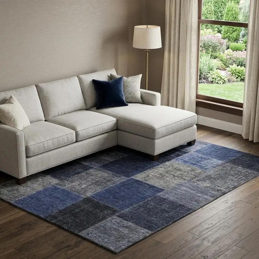 Navy Blue And Gray Patchwork Washable Area Rug With UV Protection Photo 1