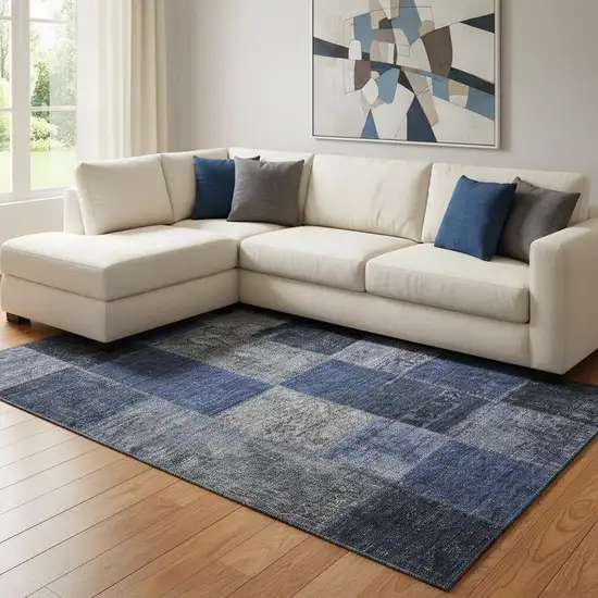 Navy Blue And Gray Patchwork Washable Area Rug With UV Protection Photo 1