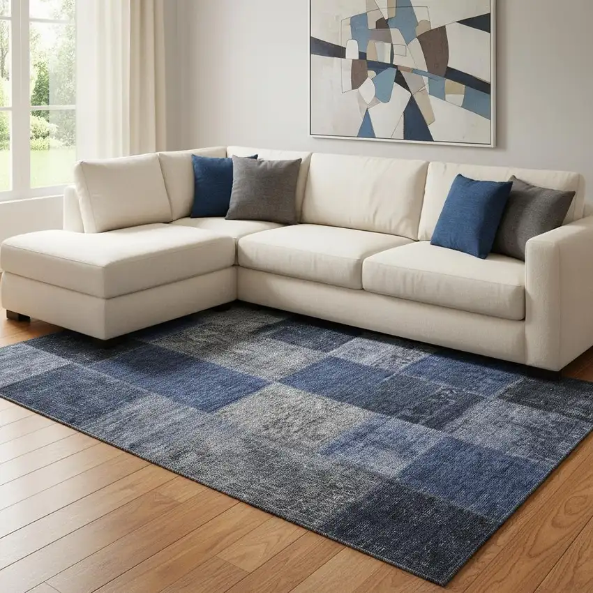 Navy Blue And Gray Patchwork Washable Area Rug With UV Protection Photo 1