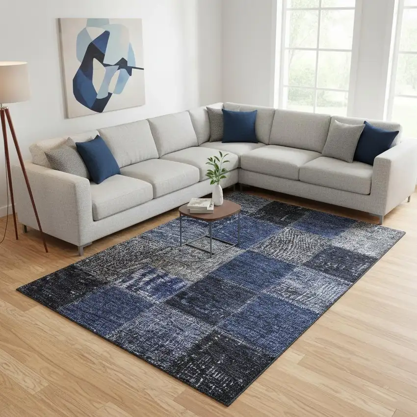 Navy Blue And Gray Patchwork Washable Area Rug With UV Protection Photo 1