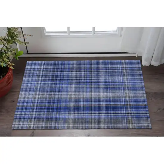 Navy Blue And Gray Plaid Washable Area Rug With UV Protection Photo 2