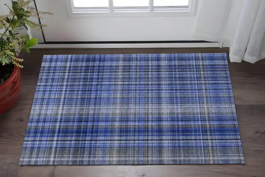 Navy Blue And Gray Plaid Washable Area Rug With UV Protection Photo 2