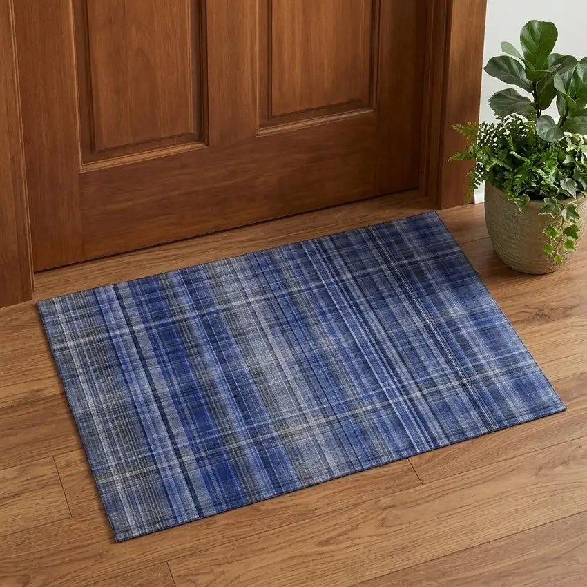 Navy Blue And Gray Plaid Washable Area Rug With UV Protection Photo 1
