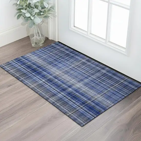 Navy Blue And Gray Plaid Washable Area Rug With UV Protection Photo 1