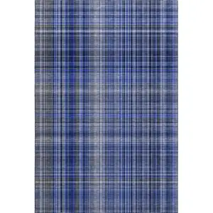 Photo of Navy Blue And Gray Plaid Washable Area Rug With UV Protection