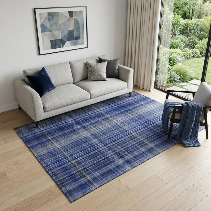 Navy Blue And Gray Plaid Washable Area Rug With UV Protection Photo 1