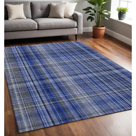 Navy Blue And Gray Plaid Washable Area Rug With UV Protection Photo 2