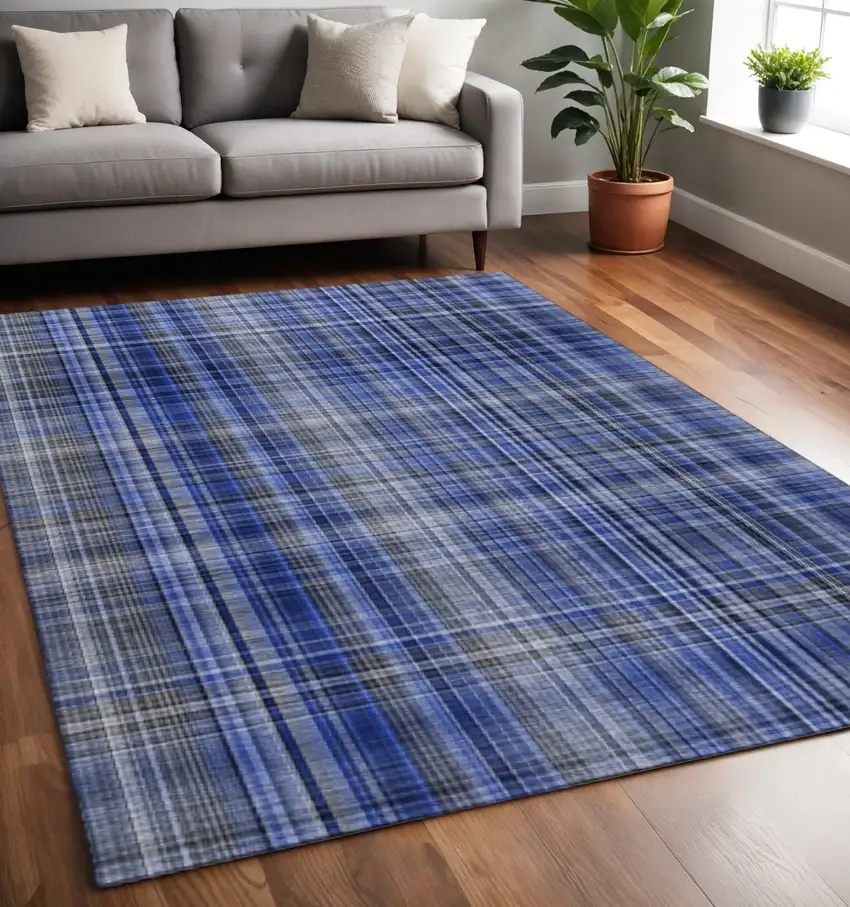 Navy Blue And Gray Plaid Washable Area Rug With UV Protection Photo 2