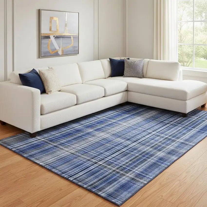 Navy Blue And Gray Plaid Washable Area Rug With UV Protection Photo 1