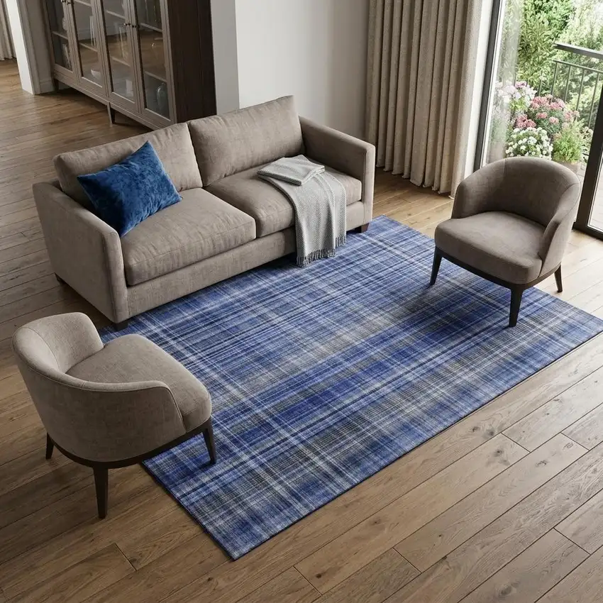 Navy Blue And Gray Plaid Washable Area Rug With UV Protection Photo 1