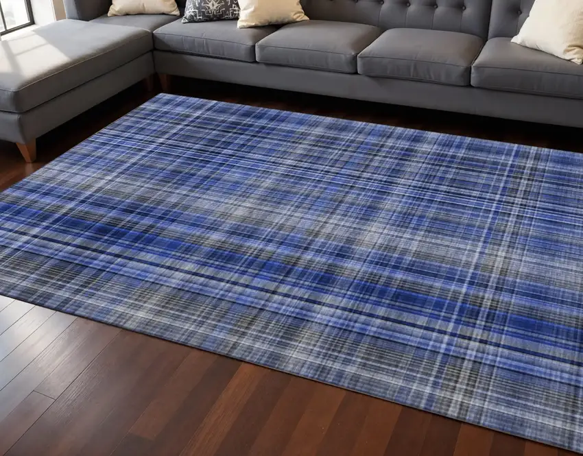 Navy Blue And Gray Plaid Washable Area Rug With UV Protection Photo 2