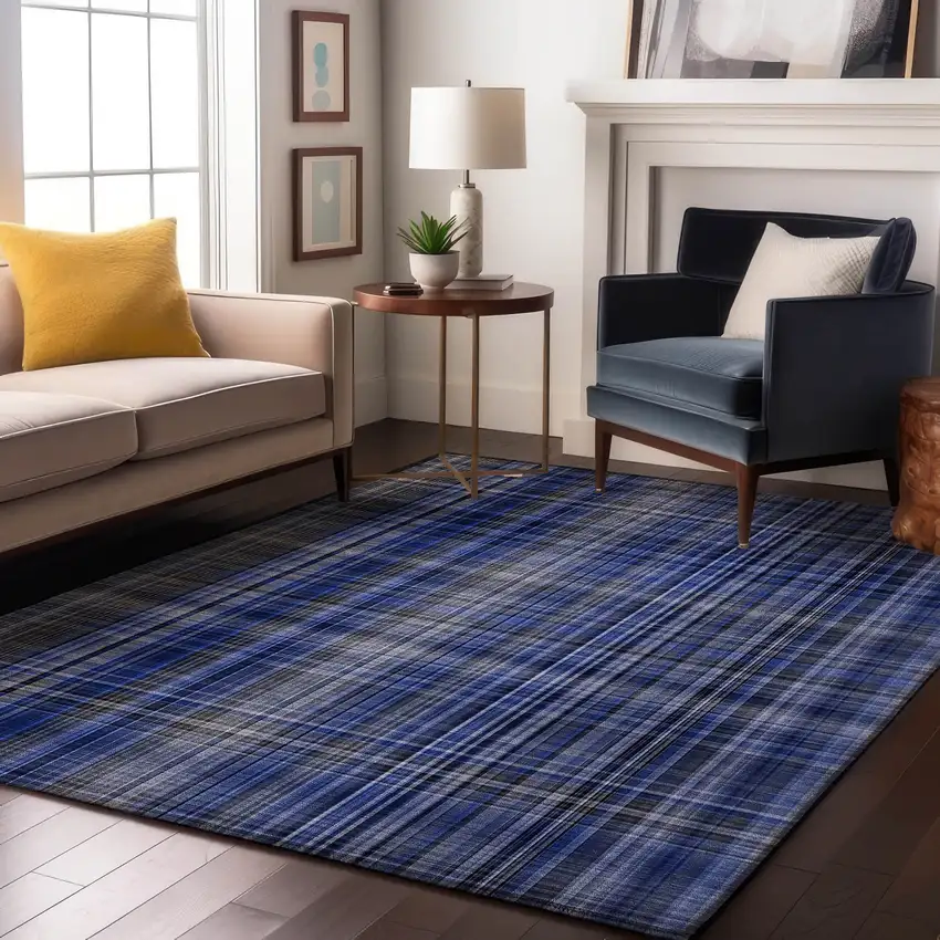 Navy Blue And Gray Plaid Washable Area Rug With UV Protection Photo 5