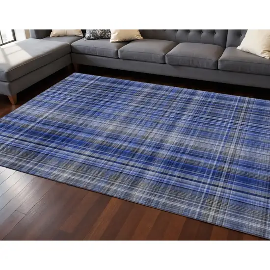 Navy Blue And Gray Plaid Washable Area Rug With UV Protection Photo 2