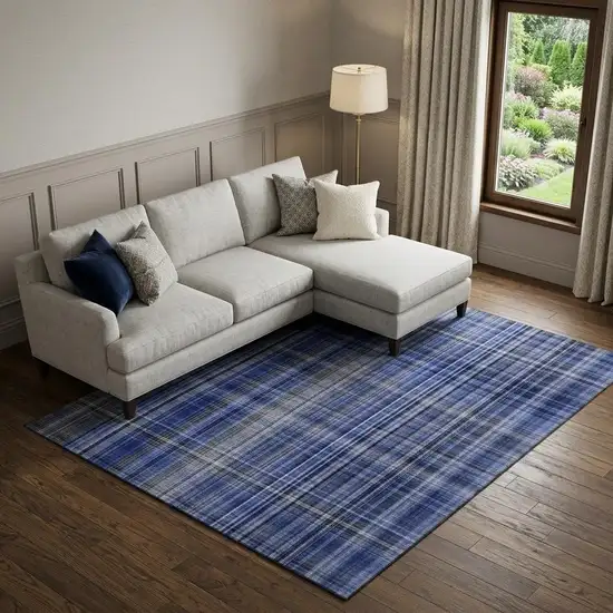 Navy Blue And Gray Plaid Washable Area Rug With UV Protection Photo 1