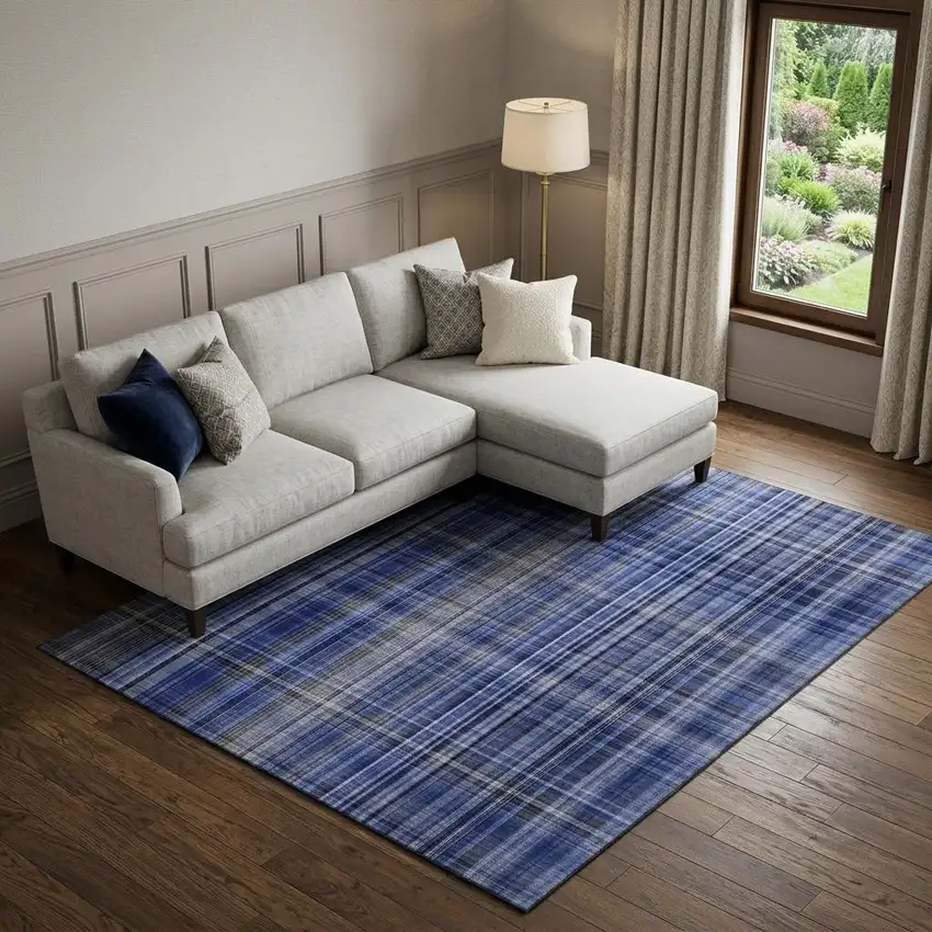 Navy Blue And Gray Plaid Washable Area Rug With UV Protection Photo 1