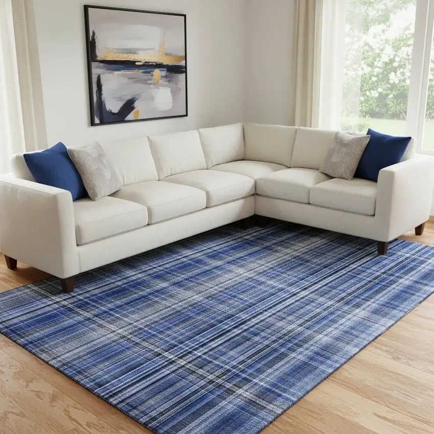 Navy Blue And Gray Plaid Washable Area Rug With UV Protection Photo 1