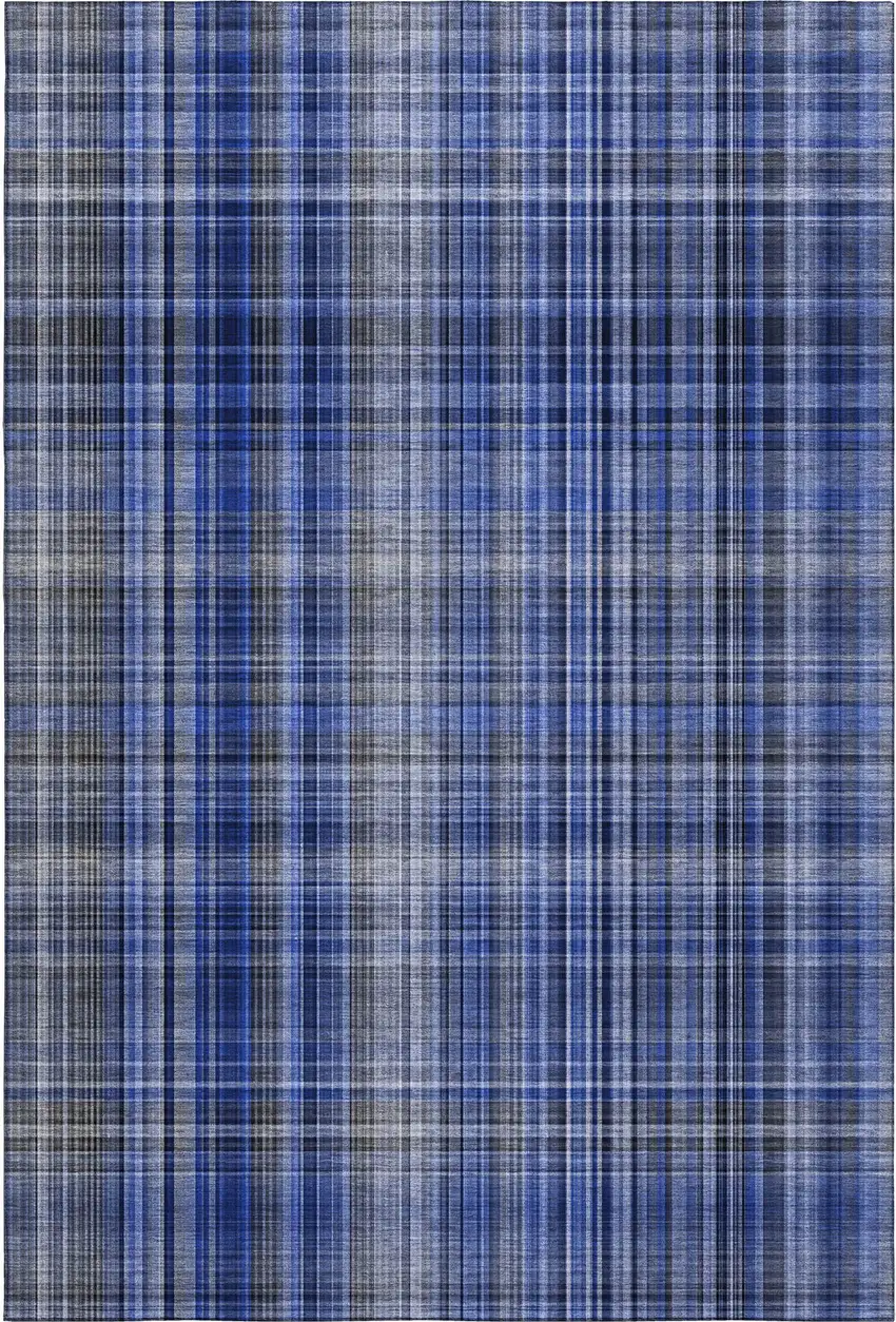 Navy Blue And Gray Plaid Washable Area Rug With UV Protection Photo 1