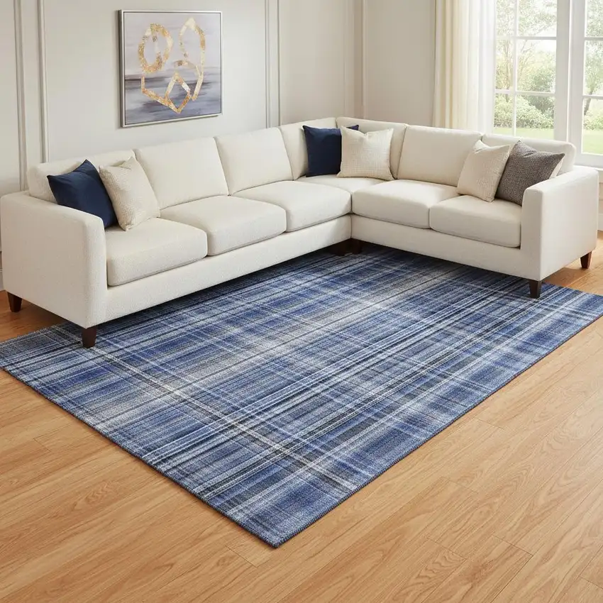 Navy Blue And Gray Plaid Washable Area Rug With UV Protection Photo 1