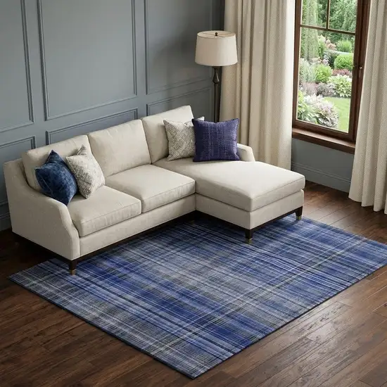 Navy Blue And Gray Plaid Washable Area Rug With UV Protection Photo 1