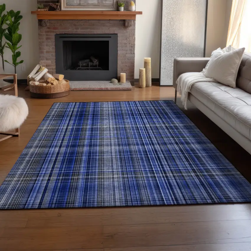 Navy Blue And Gray Plaid Washable Area Rug With UV Protection Photo 5