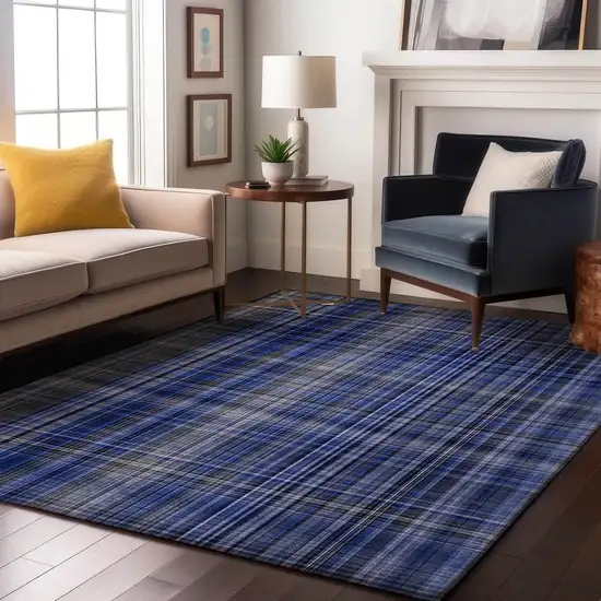 Navy Blue And Gray Plaid Washable Area Rug With UV Protection Photo 4