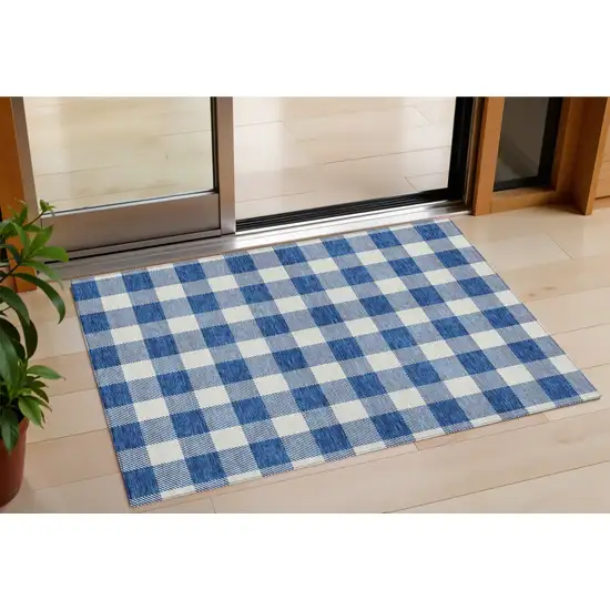 Navy Blue And Gray Plaid Washable Indoor Outdoor Area Rug Photo 1