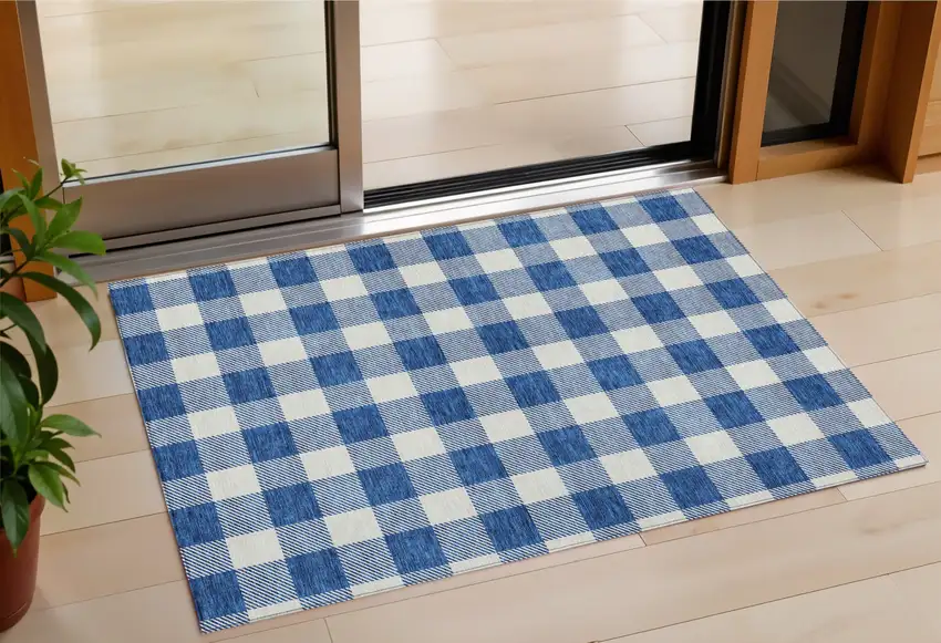 Navy Blue And Gray Plaid Washable Indoor Outdoor Area Rug Photo 1