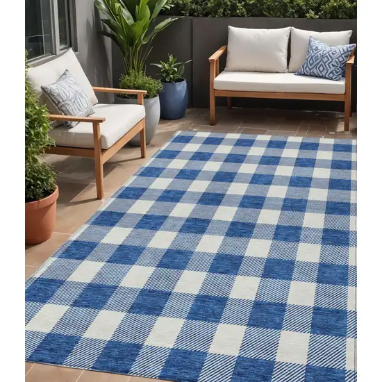 Navy Blue And Gray Plaid Washable Indoor Outdoor Area Rug Photo 1