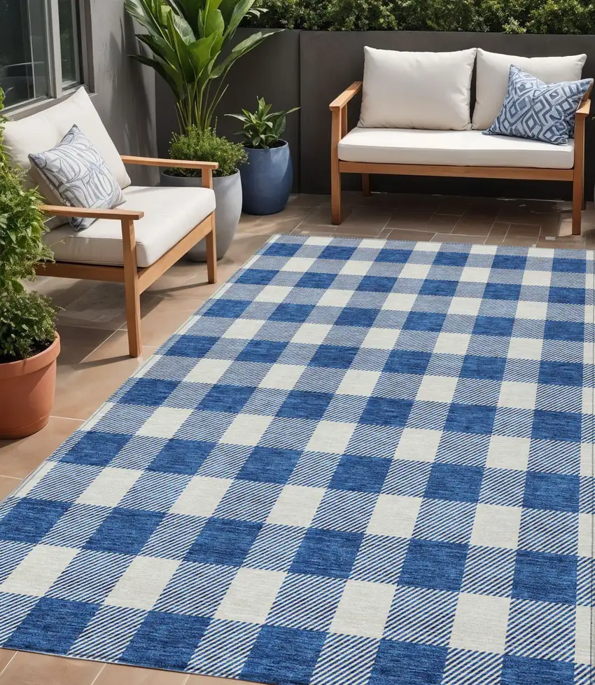 Navy Blue And Gray Plaid Washable Indoor Outdoor Area Rug Photo 1