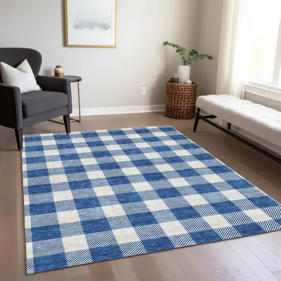 Navy Blue And Gray Plaid Washable Indoor Outdoor Area Rug Photo 9