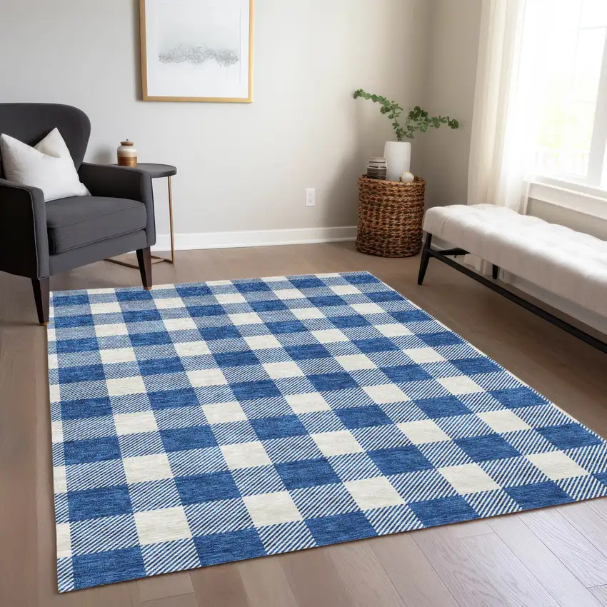 Navy Blue And Gray Plaid Washable Indoor Outdoor Area Rug Photo 9