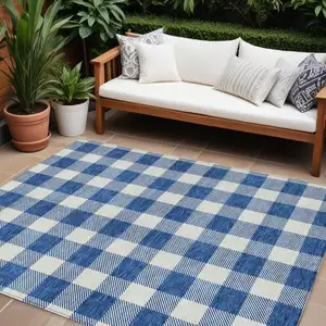 Photo of Navy Blue And Gray Plaid Washable Indoor Outdoor Area Rug