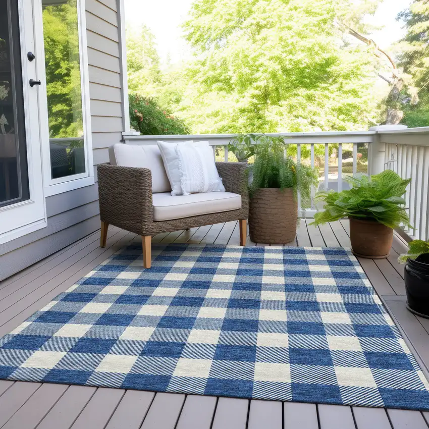Navy Blue And Gray Plaid Washable Indoor Outdoor Area Rug Photo 8
