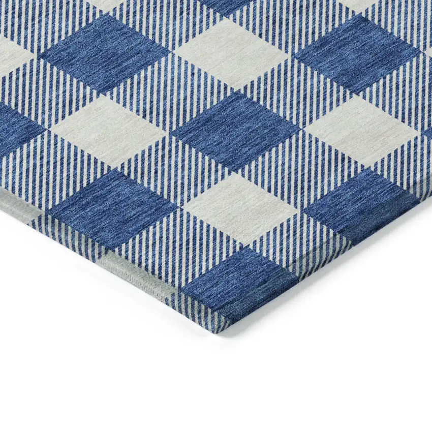Navy Blue And Gray Plaid Washable Indoor Outdoor Area Rug Photo 5