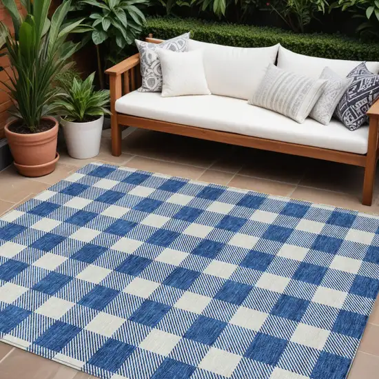 Navy Blue And Gray Plaid Washable Indoor Outdoor Area Rug Photo 1