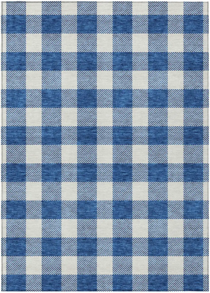 Navy Blue And Gray Plaid Washable Indoor Outdoor Area Rug Photo 2