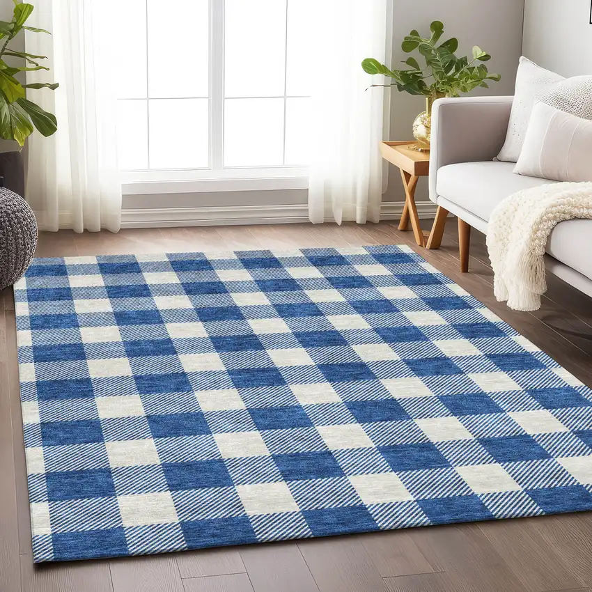 Navy Blue And Gray Plaid Washable Indoor Outdoor Area Rug Photo 9