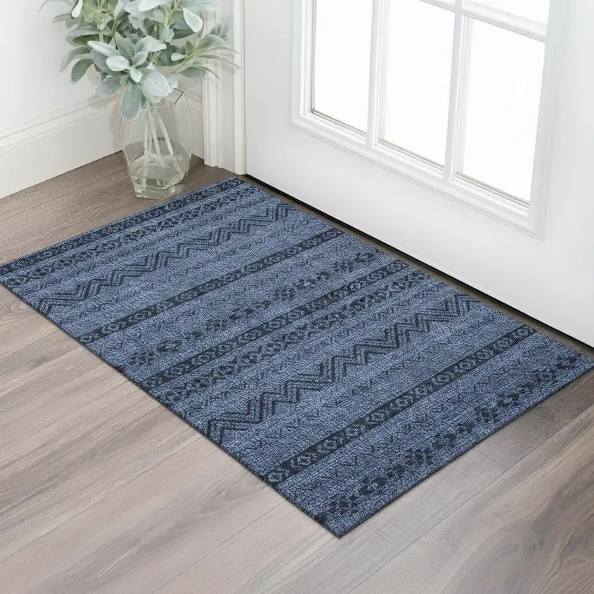 Navy Blue And Gray Southwestern Washable Area Rug With UV Protection Photo 1
